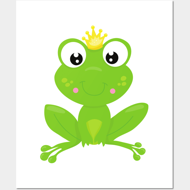 Cute Frog, Green Frog, Crown, Frog Prince Wall Art by Jelena Dunčević